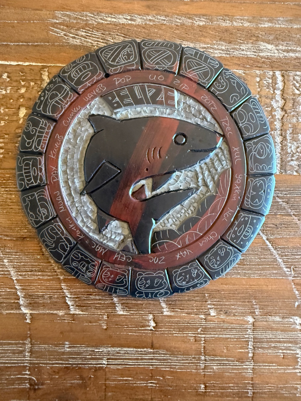 Hand Carved Belize Slate Stone Mayan Calendar Shark Plaque